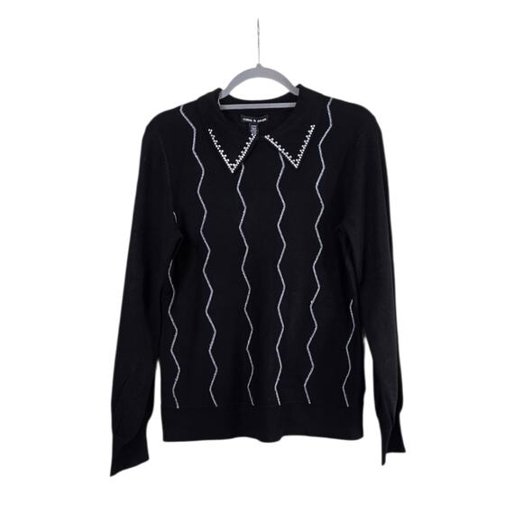 Cable & Gauge Rhinestone Glitter Black Silver Collared Chic Sweater NWT Medium - Picture 2 of 13